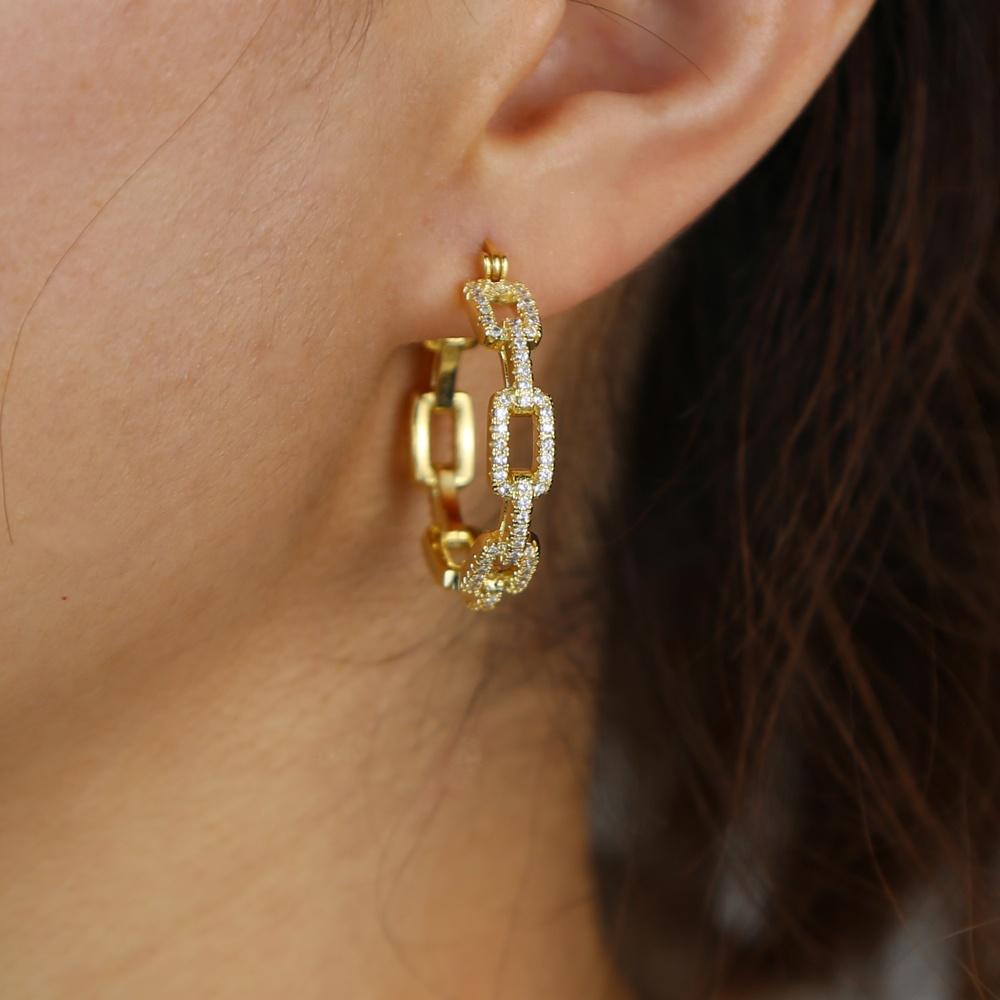 New Gold Plated White Rainbow Cubic Zirconia Open Link Chain Shape Hoop Earring