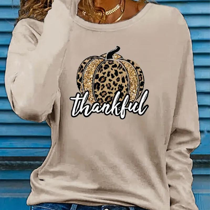Tops For Women 3D Thankful Pumpkin Print Round Neck Long Sleeve T-shirt Fall Casual Slim Pullover Women's Long Sleeve Top