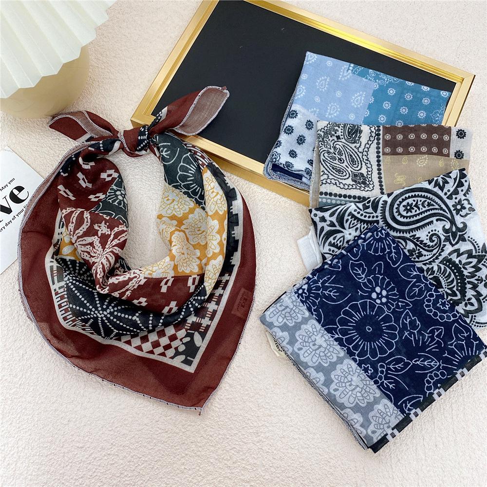 58 Cashew Silk Small Square Scarf: Korean Style Cotton Linen Printed Headscarf and Hairband for Women, Ideal for Spring, Summer, and Autumn.