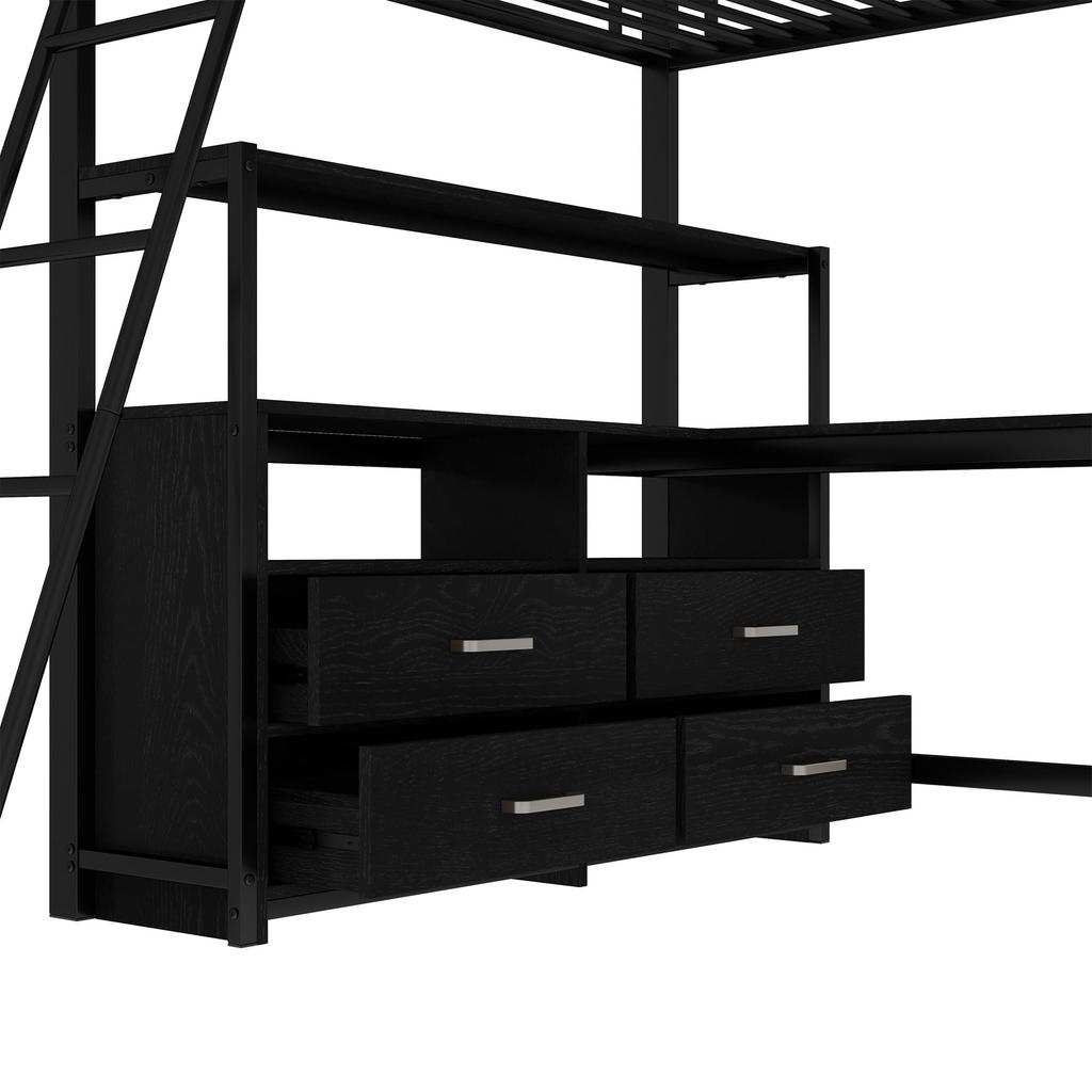 Kinderbett Hochbett 140x200 Metall, L-Desk, 4 Schubladen, Regal, Lattenrost, (ohne Matratze)