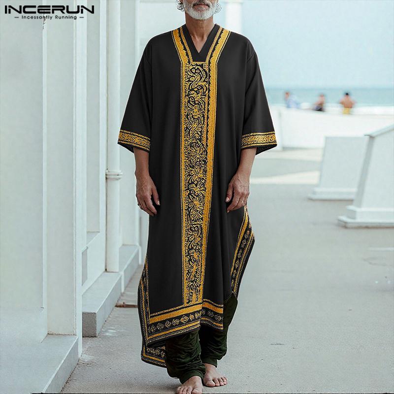 INCERUN Men Deep V Neck 3/4 Sleeve Floral Print Casual Loose Long Robes Tunic Tops