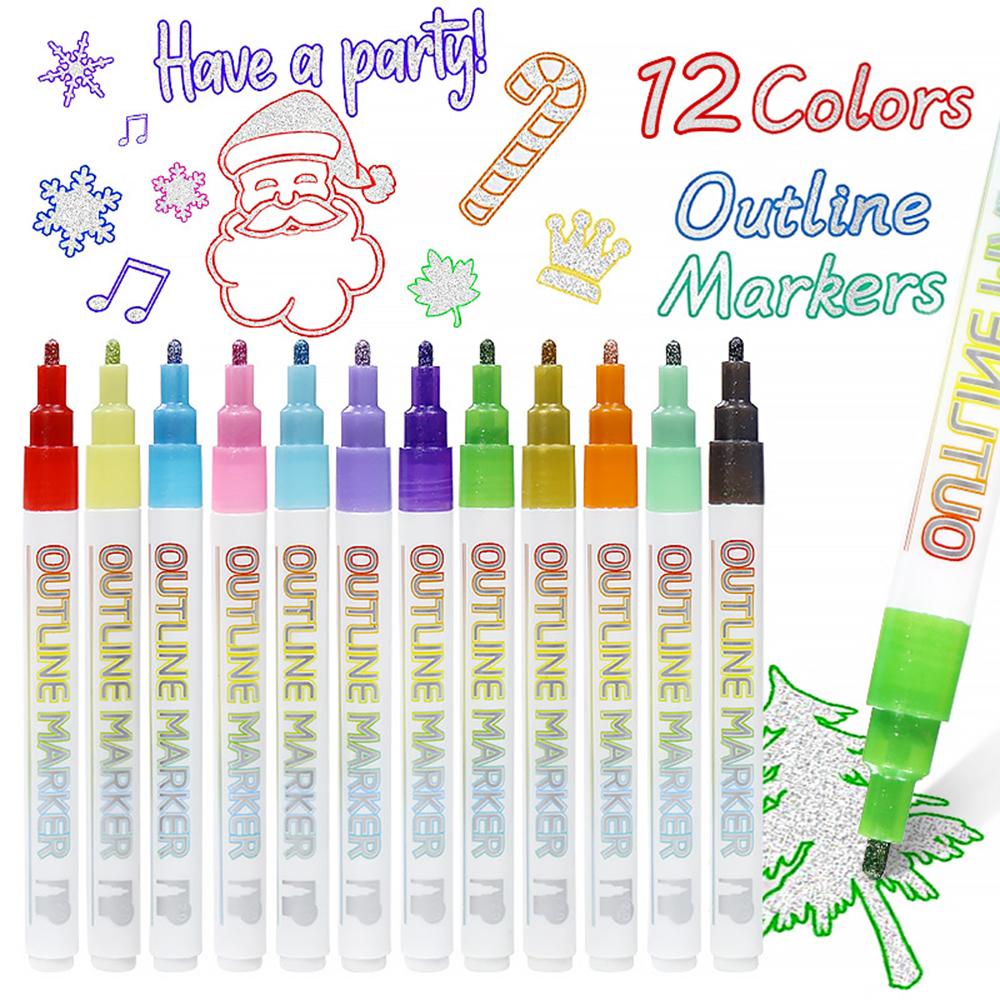 

12Pcs Double Line Outline Marker Pens Glitter Pens Metallic Drawing Pens for Christmas Painting Type A
