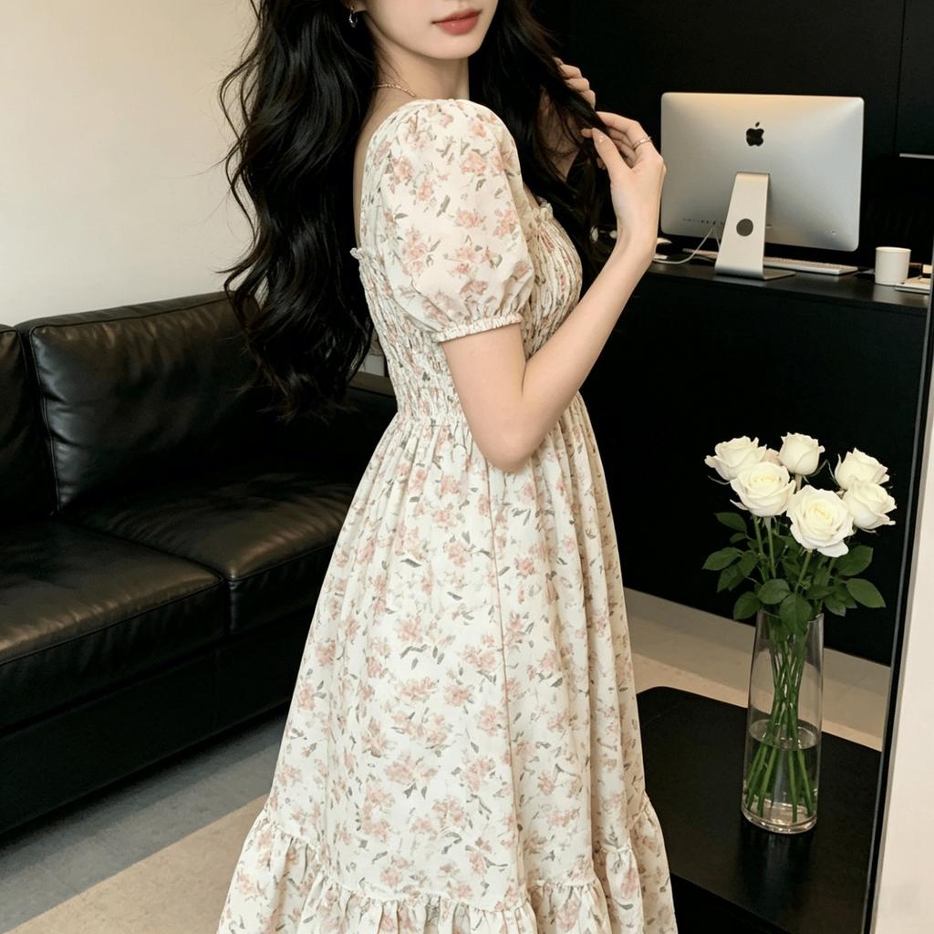Retro Style Chiffon Square Neck Floral Pleated Dress Women's Summer Wholesale High Waist Medium and Long A-shaped Skirt