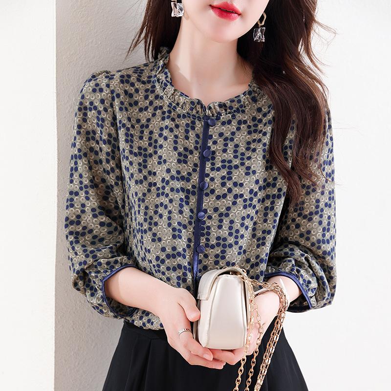 Polka Dot Shirt Early Autumn New Shirt for Women Long-sleeved Middle-aged Mother Fashionable Age-reducing Chiffon Top
