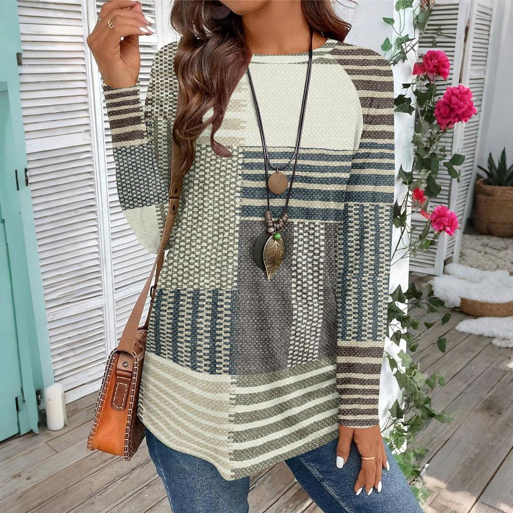 Women's Casual Plus SizeLong Sleeved Round Neck Vintage Ethnic Printing T-shirt Top Pullover