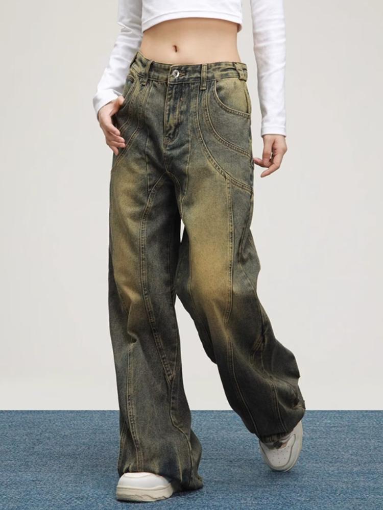 Jeans vintage a vita alta color fango giallo da donna, pantaloni in denim larghi dritti retrò anni '90, pantaloni larghi casual da strada Y2k