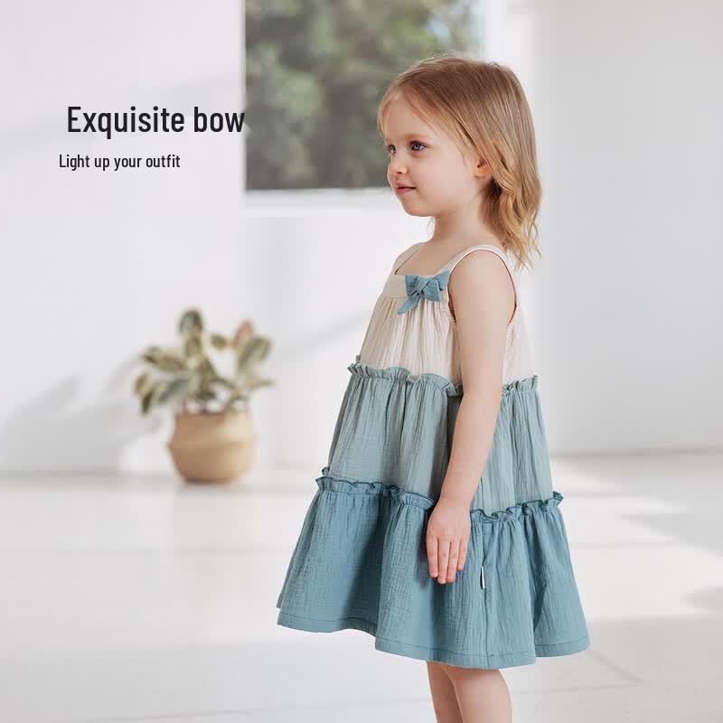 Babylove Girls' Summer Pure Cotton Gauze French Tiered Spaghetti Strap Dress