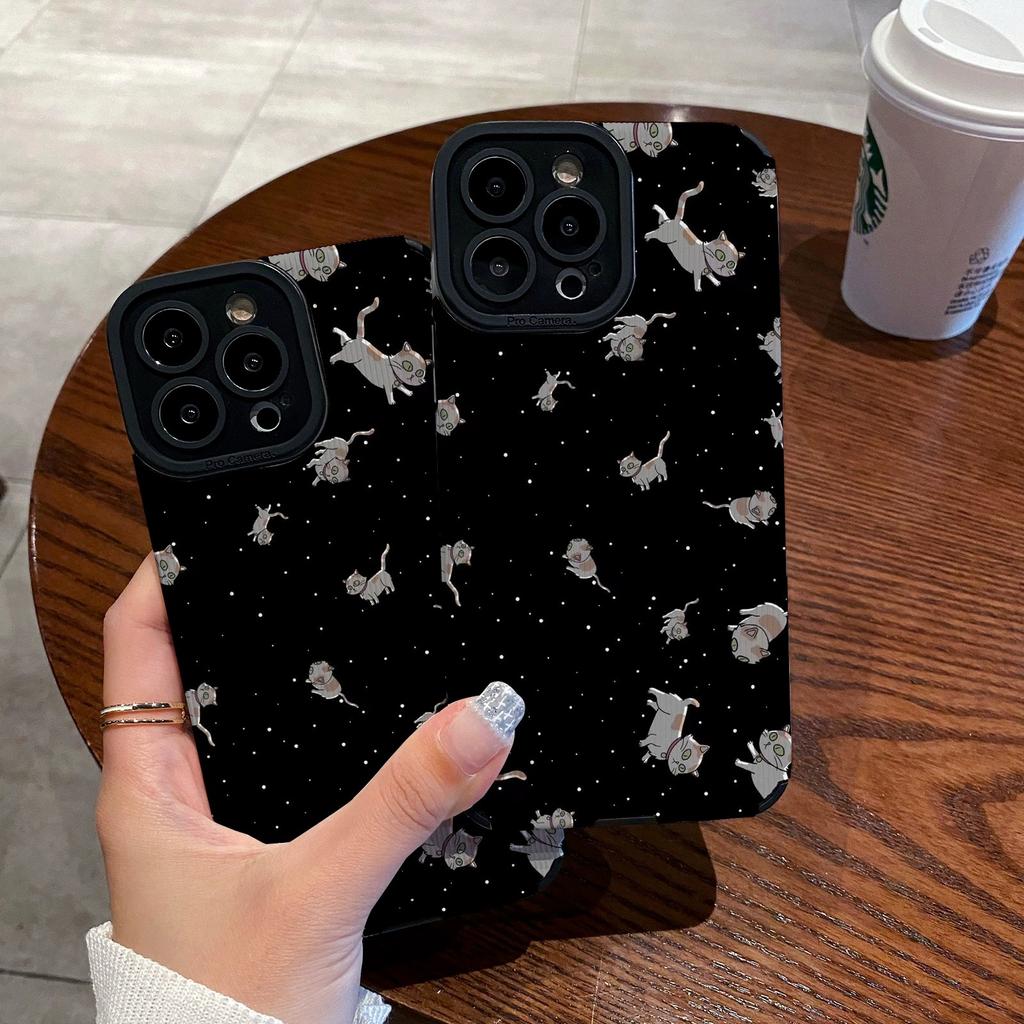 Süße Doodle Nachthimmel Kätzchen Handyhülle für iPhone 13 11 12 14 15 Pro Max Mini SE X XS Max XR 7 8 Plus Silikon Lederhülle