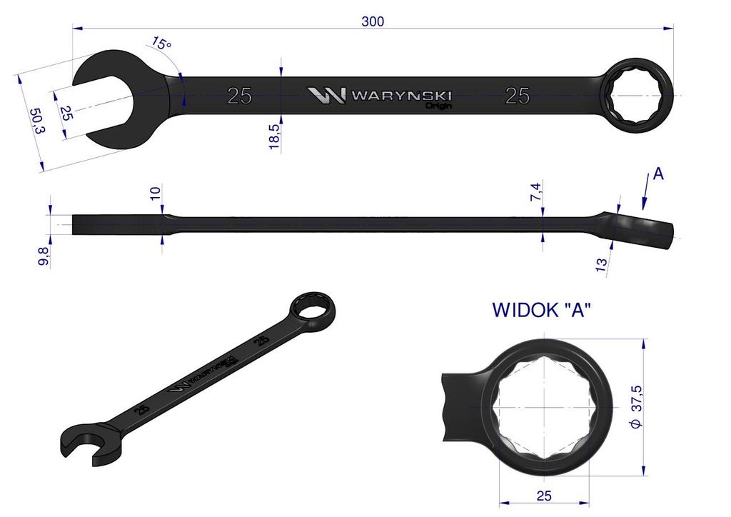 Open-end wrench, 25 CrV standard ASME B107-2010, Waryński