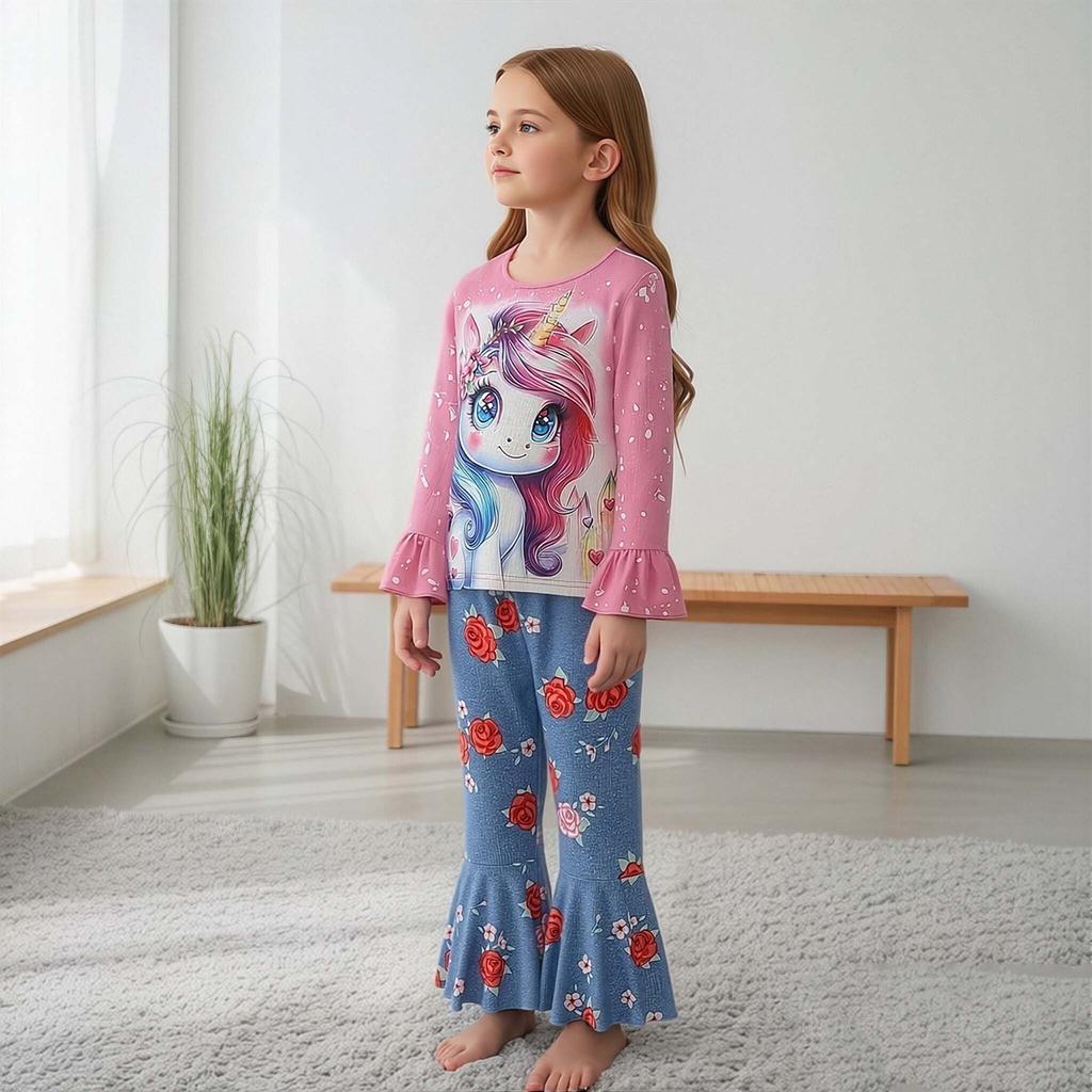 Kids Girls Fashion Clothing Set Spring Autumn Tie Dye Printed Cartoon Pegasus Pullover Flower Flared Pants Two Piece Outfit