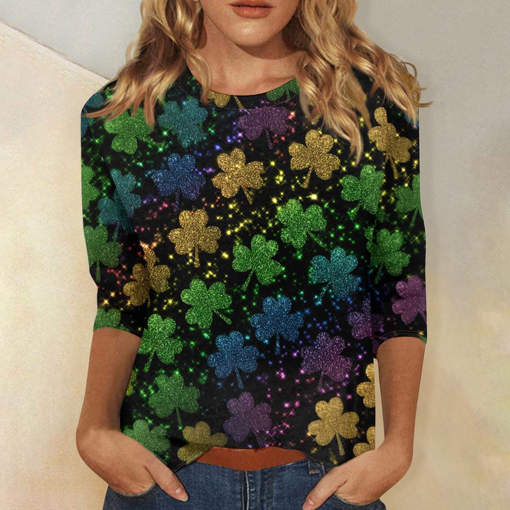 Damenoberteile Dreiviertelarmshirt Rundhalsausschnitt Lockeres Freizeitshirt Druck T-Shirt