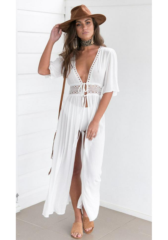 Women's Lace Patchwork Lace-up Long Shawl Cardigan for Bikini