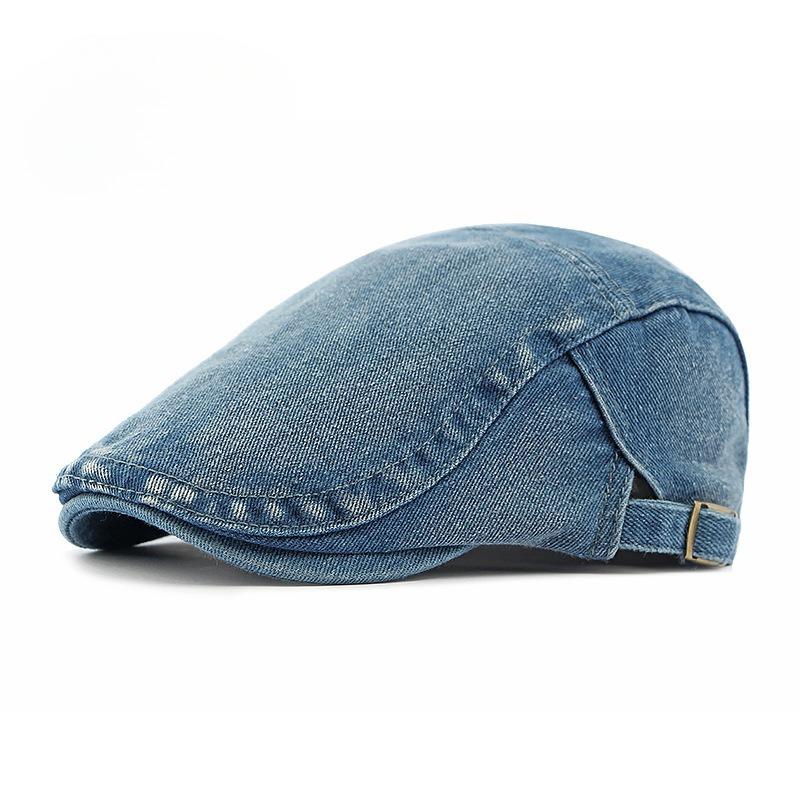 Vintage Washed Denim Beret for Men Women British Retro Flat Cap Solid Color Cotton Newsboy Cap Adjustable Duckbill Cap