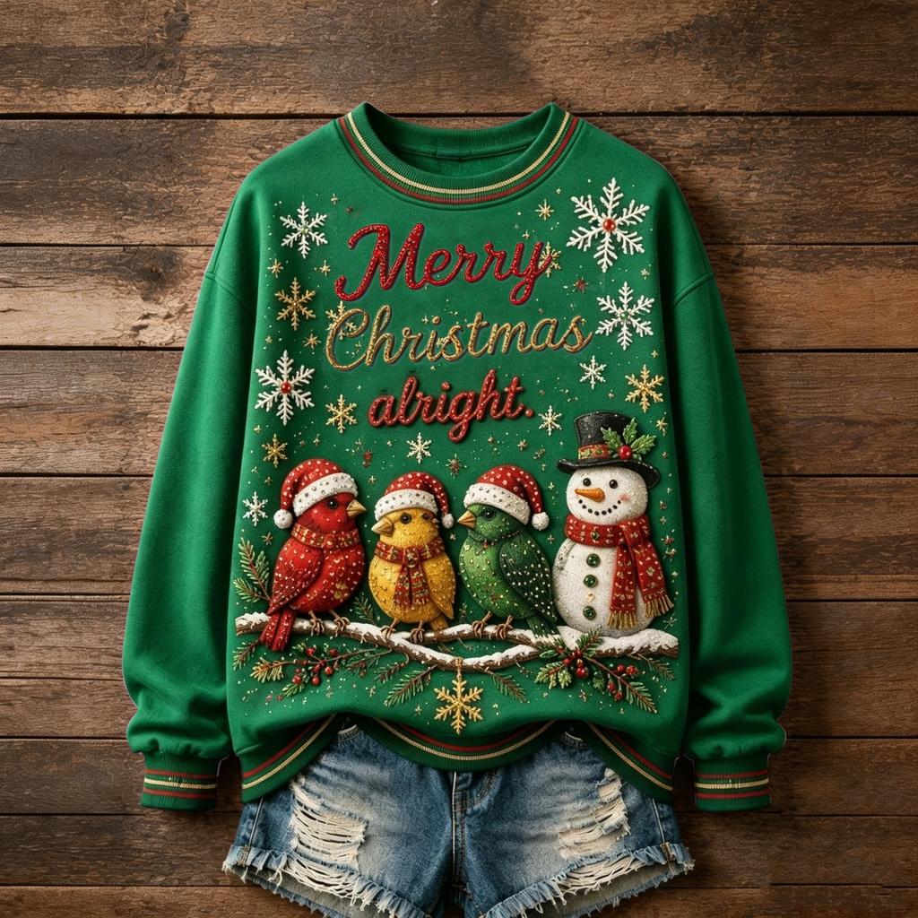 Women's Christmas Print Round Neck Long Sleeve Pullover Top for Holiday Parties and Everyday Wear