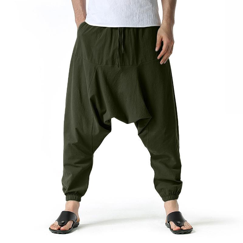 Men's Cotton Linen Casual Harem Pants Loose Fit Drop Crotch Lounge Pants Elastic Waistband Drawstring Adjustable Fit