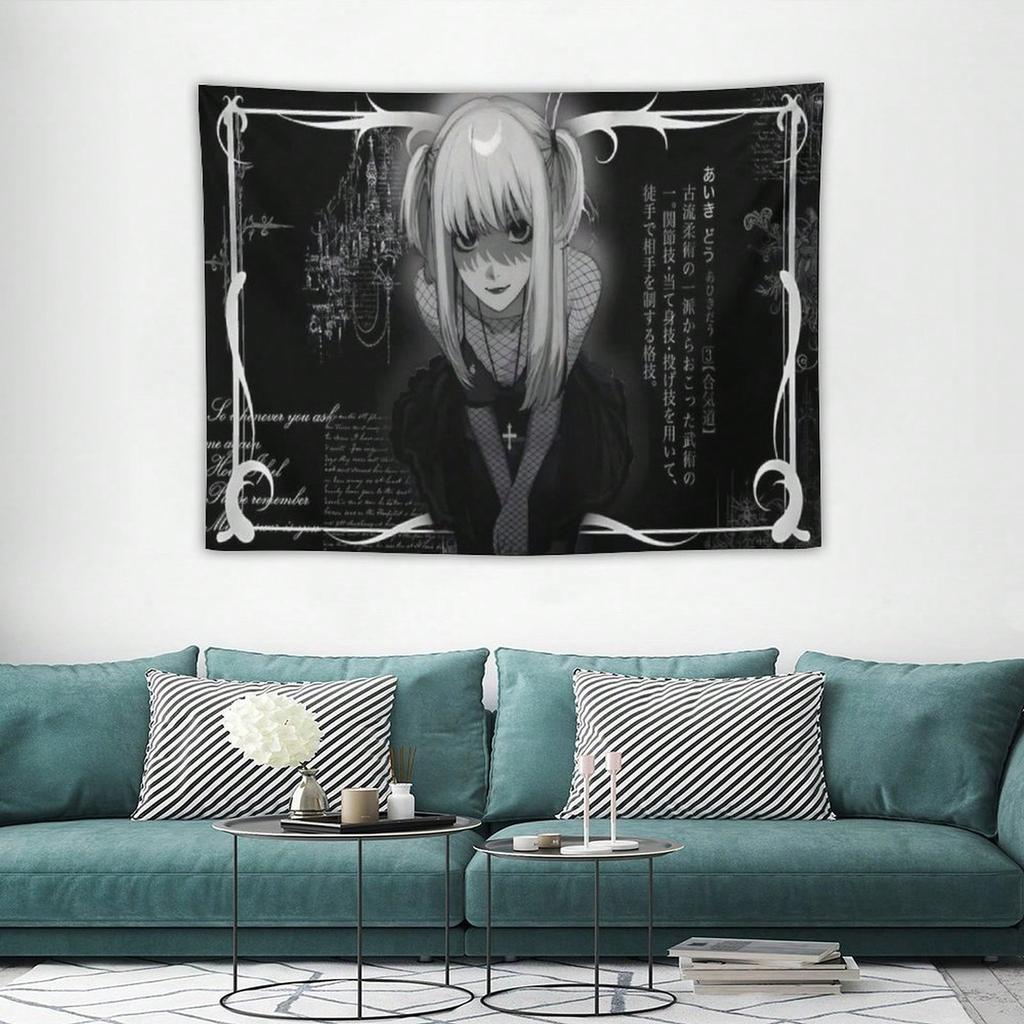 1pc Death Note Misa Amane Gothic Anime Tapestry, Black White Anime Girl Japanese Text Frame Wall Hanging, Bedroom Decor, Anime F