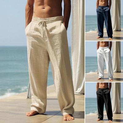 Men Casual Pants Drawstring Waist Straight Leg Pants Loose Fit Summer Trousers for Yoga Holiday Beach Vacation Wear