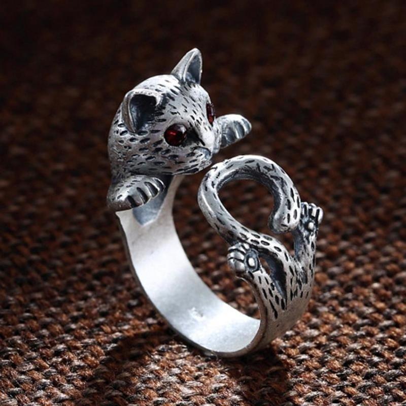 Cute Lovely Animal Cat Open Ring Silver Plated Jewelry Blue Crystal Eyes