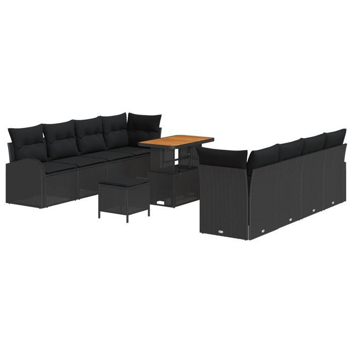 Ensemble de canapés de jardin 11 pièces avec coussins en rotin synthétique noir, Canapé de jardin 2 places avec rangement 3364319