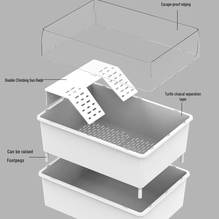 Eco-Friendly Turtle Habitat: Dual-Layer Tank with Waste Separation & Green Plant Landscaping.