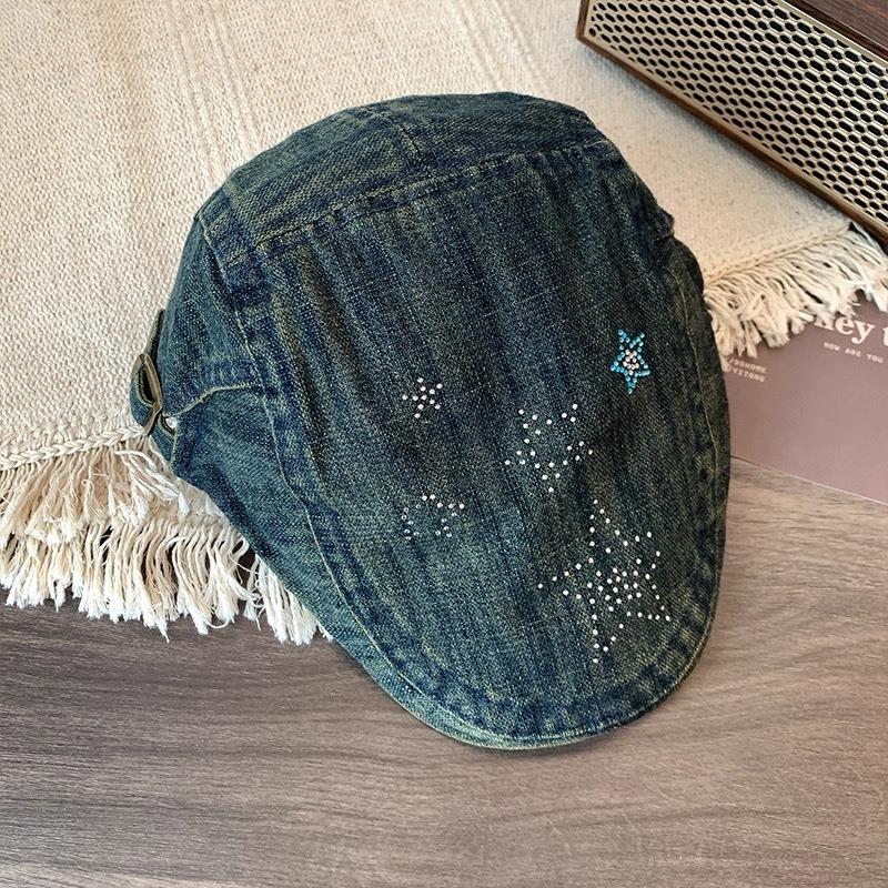25 Early autumn new pentagram rhinestone denim forward hat big head circumference showing face small beret