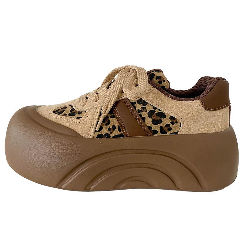 A350 latex insole/platform heightening board shoes women's shoes leopard print 2025 new round head chic Hong Kong style bread shoes
