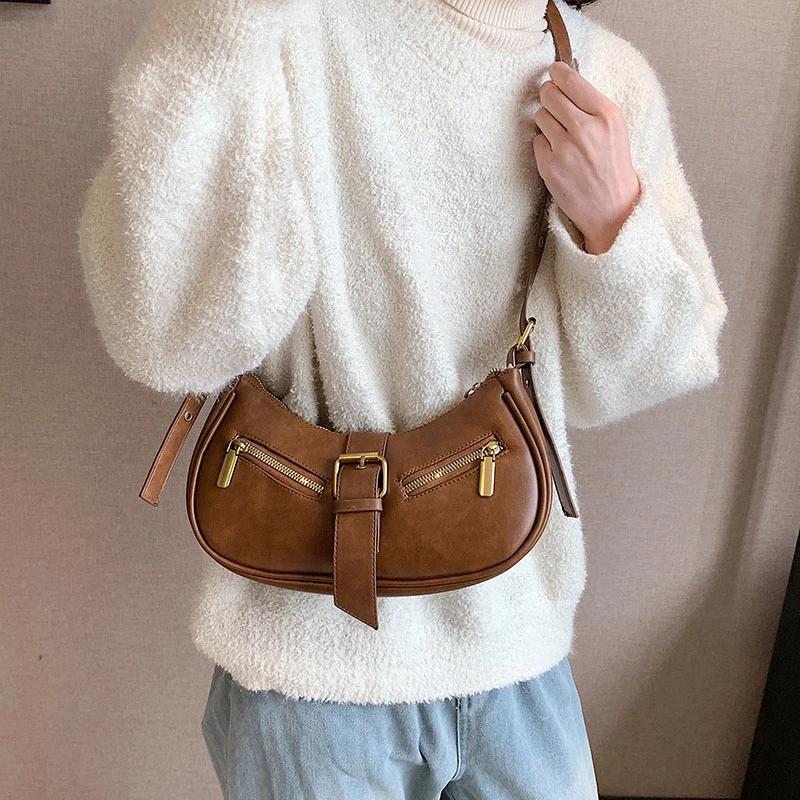 Monochromatic feminine shoulder bag soft PU bag zippered interior pocket high quality fashionable crescent moon