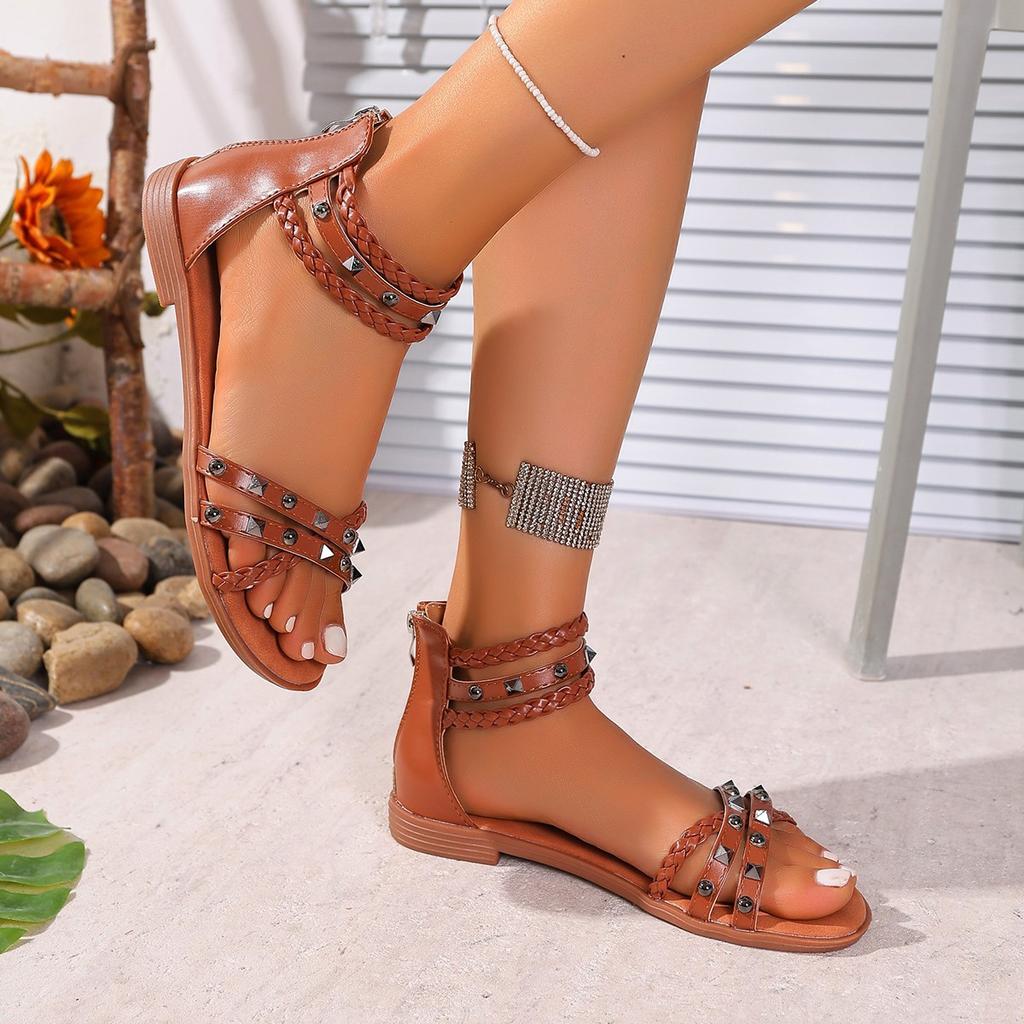 Foreign Trade Sandals Women 2025 New European and American Fairy Style Flat Bottom Summer Women's Fashion Willow Nails Roman Shoes 35-43