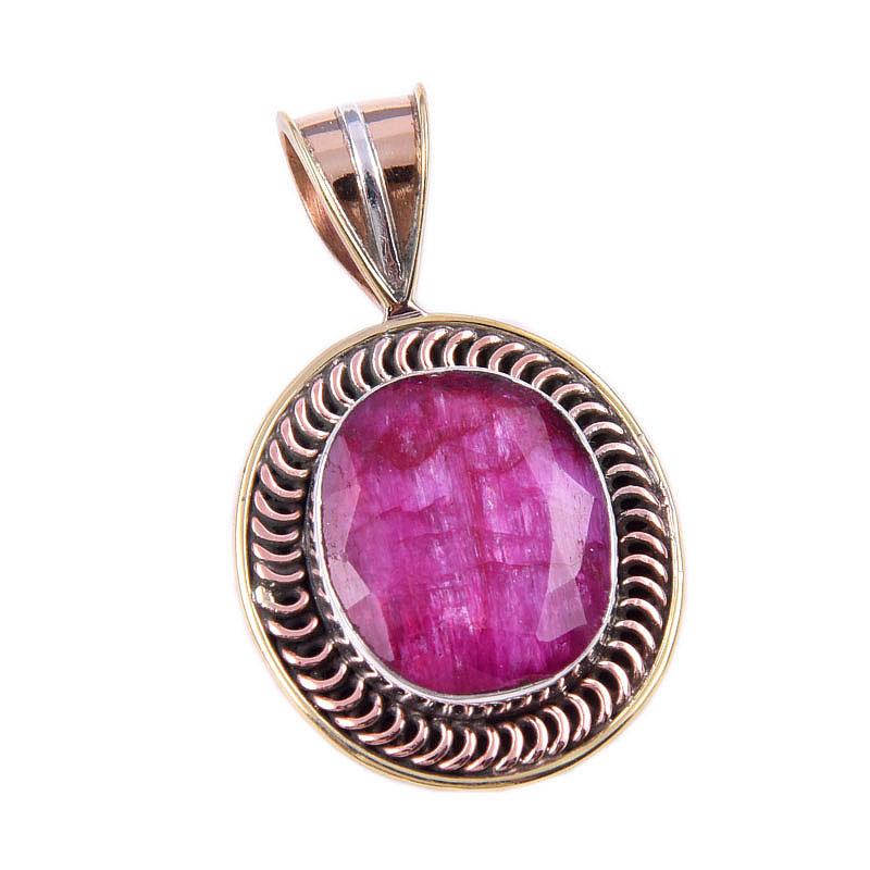 Red Ruby(Simulated) Handmade 925 Sterling Silver Two Tone Pendant 1.50" Q7t57