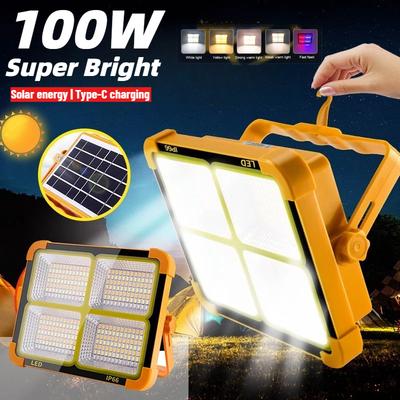 Proiettore Solare 100W da Esterno Portatile LED Riflettore Faretto Ricaricabile Proiettore Faretto Lampada da Cantiere Luce di Emergenza per Campeggio All'Aperto