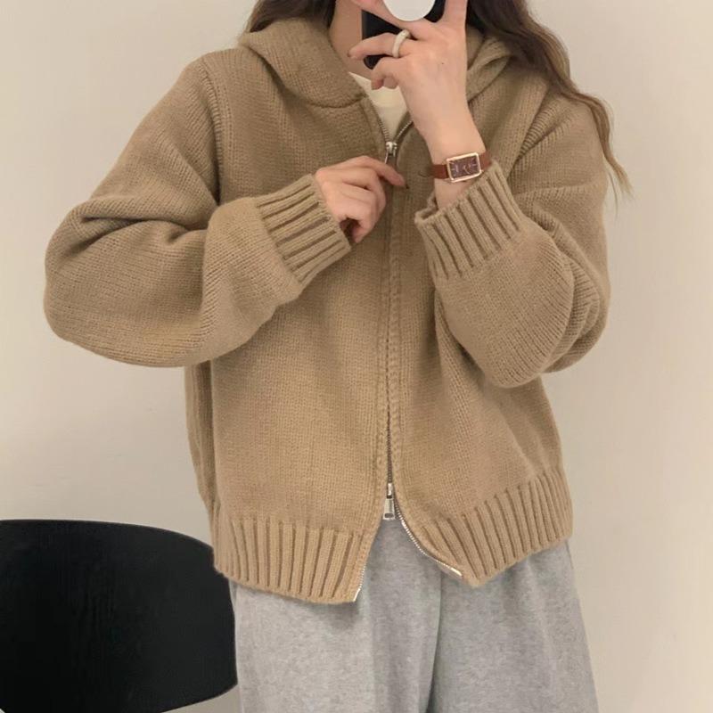 Double Zipper Hooded Knitted Cardigan Women's Autumn Lazy Style Niche Design Sense Stacked Wearing Short Chic Coat