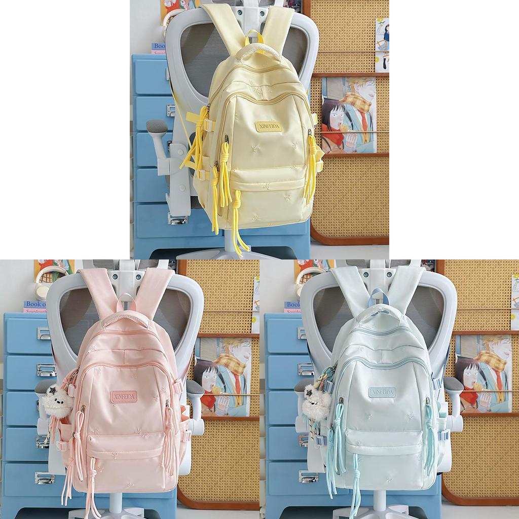 Girls School Backpack With Solid Color And Bow Embroidery Design For Middle School