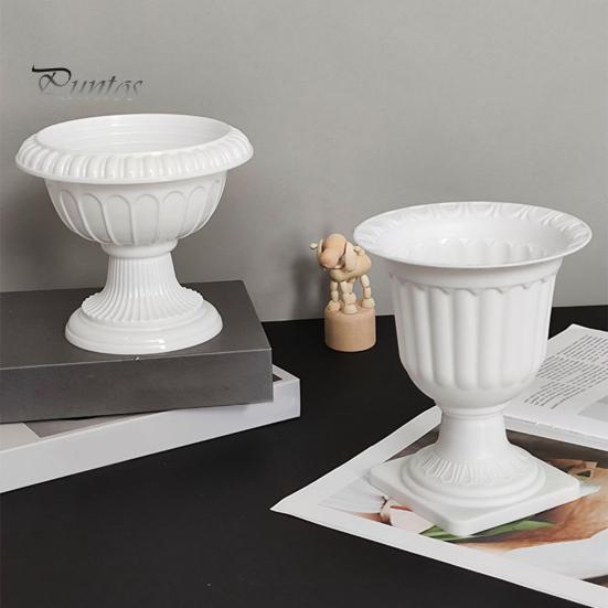 Outdoor Flower Planter Urn Planter, Plastic Plant Pot White Small Faux Flowerpot Urn, Elegant Retro for Indoor Table Decor Sturdy Lightweight