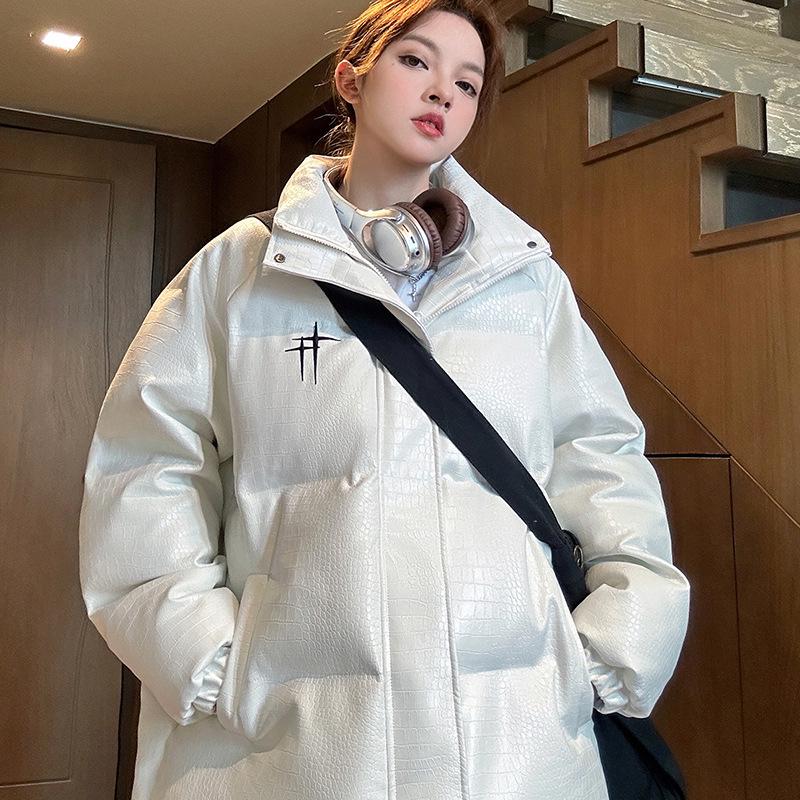 

Winter PU Leather Puffer Jacket: Wash-Free, Unisex, Thick Stand Collar, Versatile Outerwear XXL білий
