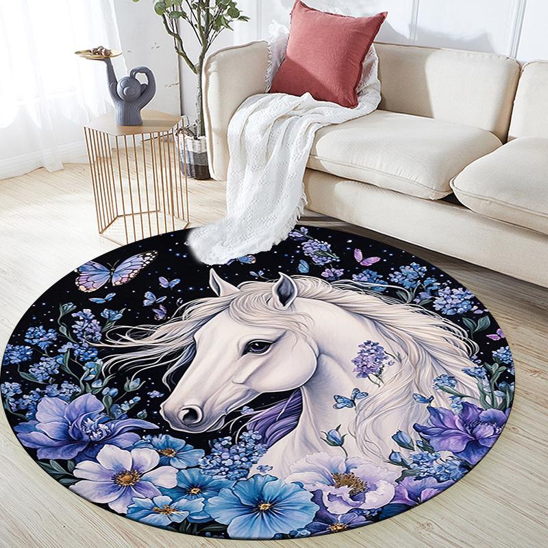 White Horse Round Area Rug,Carpet Rug for Living Room Bedroom Sofa Playroom Decor,Non-slip Floor Mat