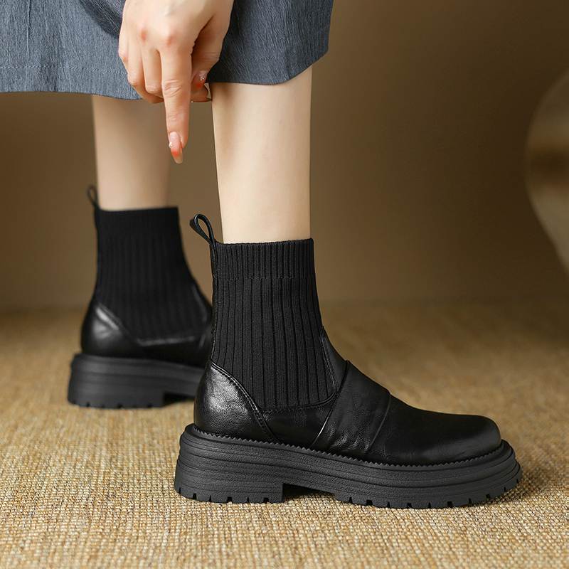 Krazing Pot Microfiber Autumn Winter Shoes Thick High Heels Flat Platform Size 43 Motorcycle Boots Knitwear Ankle Boots