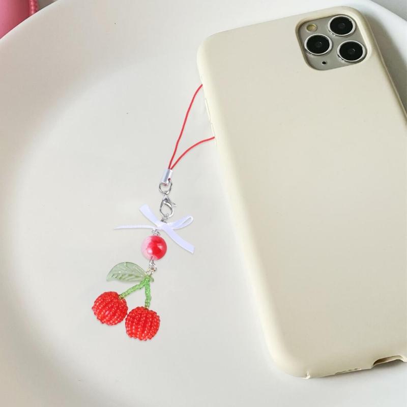 Beaded Cherries Pendant Sweet Phone Chain Strap Hanging Decoration Keychain Lanyard Small Gift for Women Girls