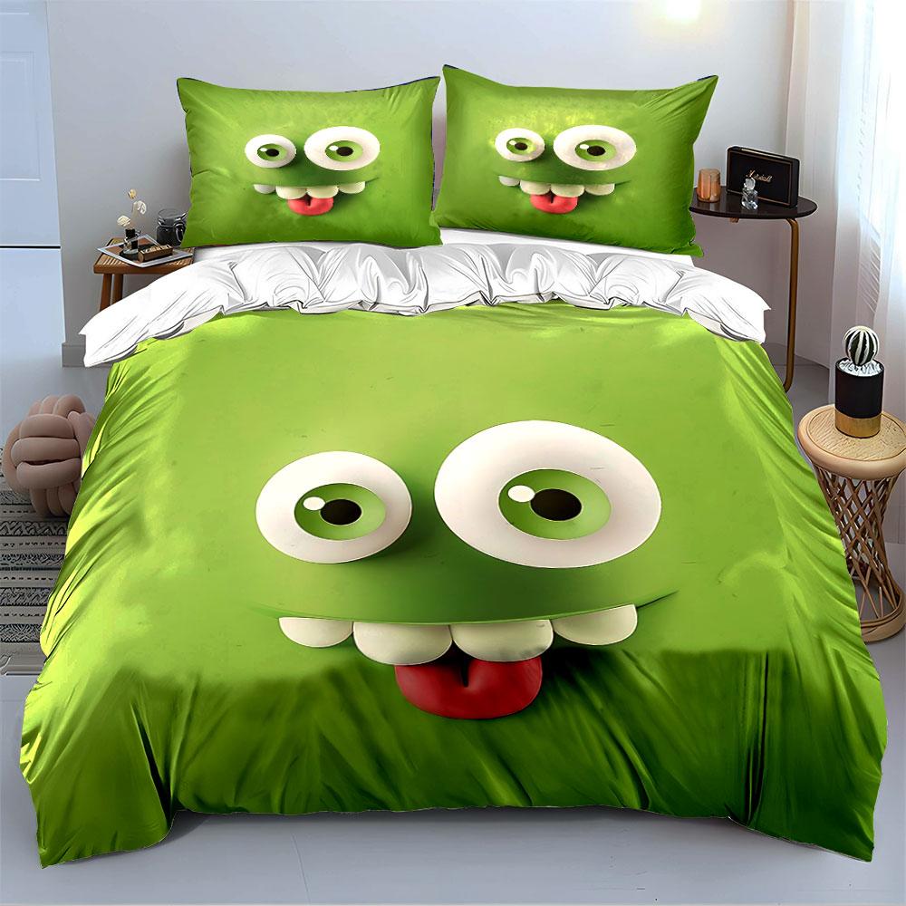 Green Cartoon Funny Face Bedding Duvet Cover Set Duvet Cover Pillowcases (1*Duvet Cover 2*Pillowcases, without duvet insert)