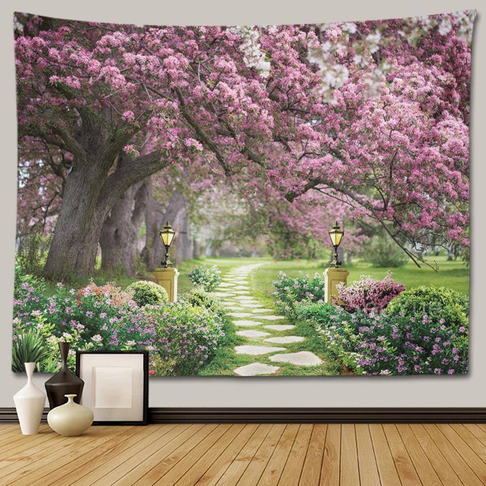 Cherry Blossom Decorative Wall Tapestry Home Decor Bedroom Landscape Large Fabric   Hanging Decoration  Murals