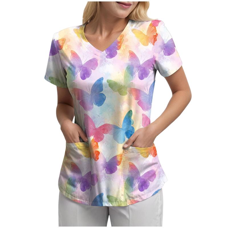 Women's V-Neck Short Sleeve Blouse Purple Pink butterfly Print Loose Casual Summer Tunic Top V Neck Short Sleeved Printed Tops