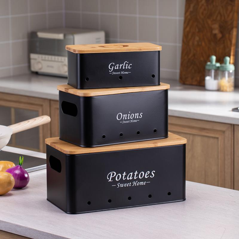 Potato Storage Jar, Onion, Garlic Head, Breathable Kitchen Square Bamboo Cover, Potato Dark Metal Storage Box