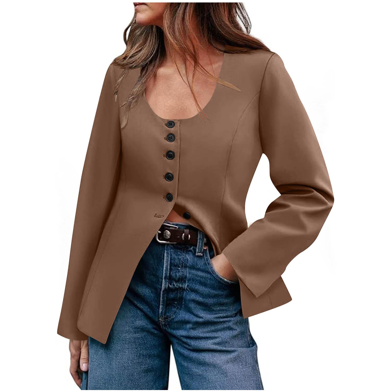 

Ladies Fashionable Button Low Round Neck Slit Hem Casual Solid Color Suit L хакі