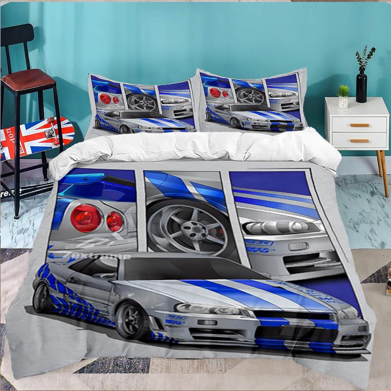 Set Biancheria da Letto 3 Pezzi Skyline Blue Racing Spirit Speed Style, per 1 Copripiumino e 2 Federe Perfetto come Regalo per Fan, Ideale per Camera da Letto, Dormitorio