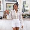 Women Fashion Crochet Lace Shirts Long Puff Sleeve Casual Flower Embroidery Buttons Down Blouse Tops Office Lady