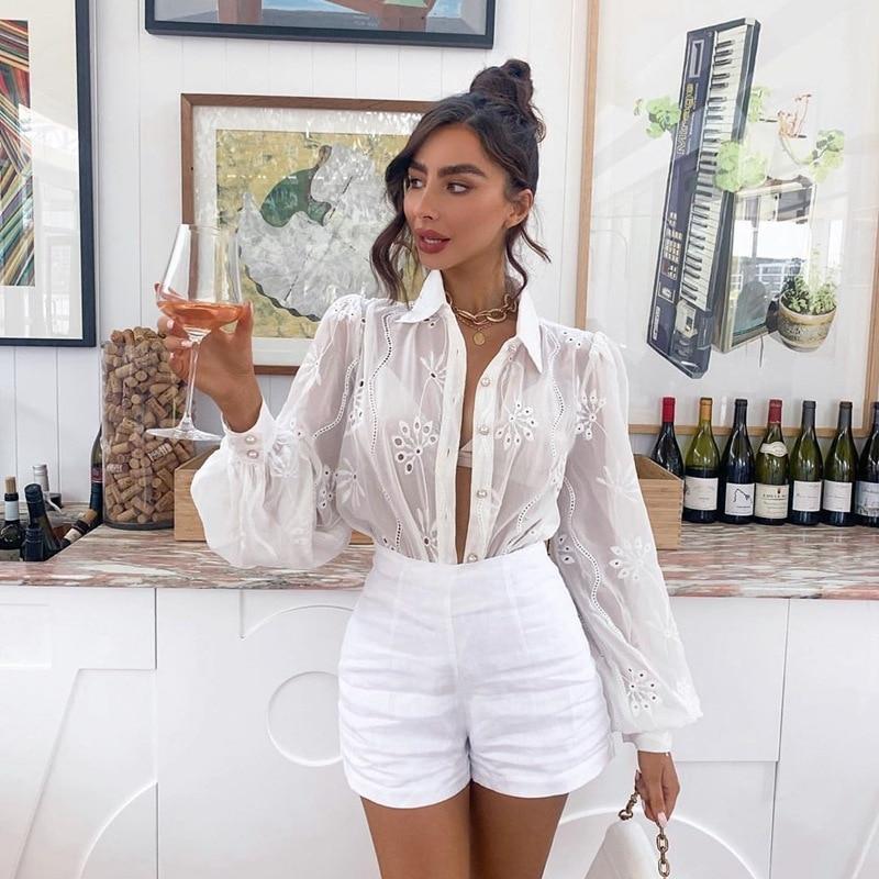 Women Fashion Crochet Lace Shirts Long Puff Sleeve Casual Flower Embroidery Buttons Down Blouse Tops Office Lady