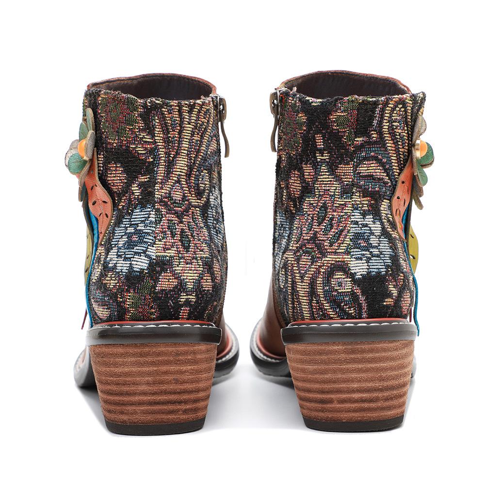 Johnature Genuine Leather Retro Shoes Women Short Boots Round Toe Patchwork Handmade Ankle Boots