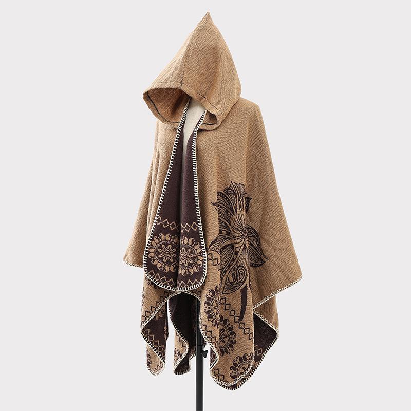 Winter Women Scarf Hooded Layers Poncho Elegant Lady Retro Floral Print Warm Wrap Shawl Scarve Capa Para Mujer Pashmina Cloak