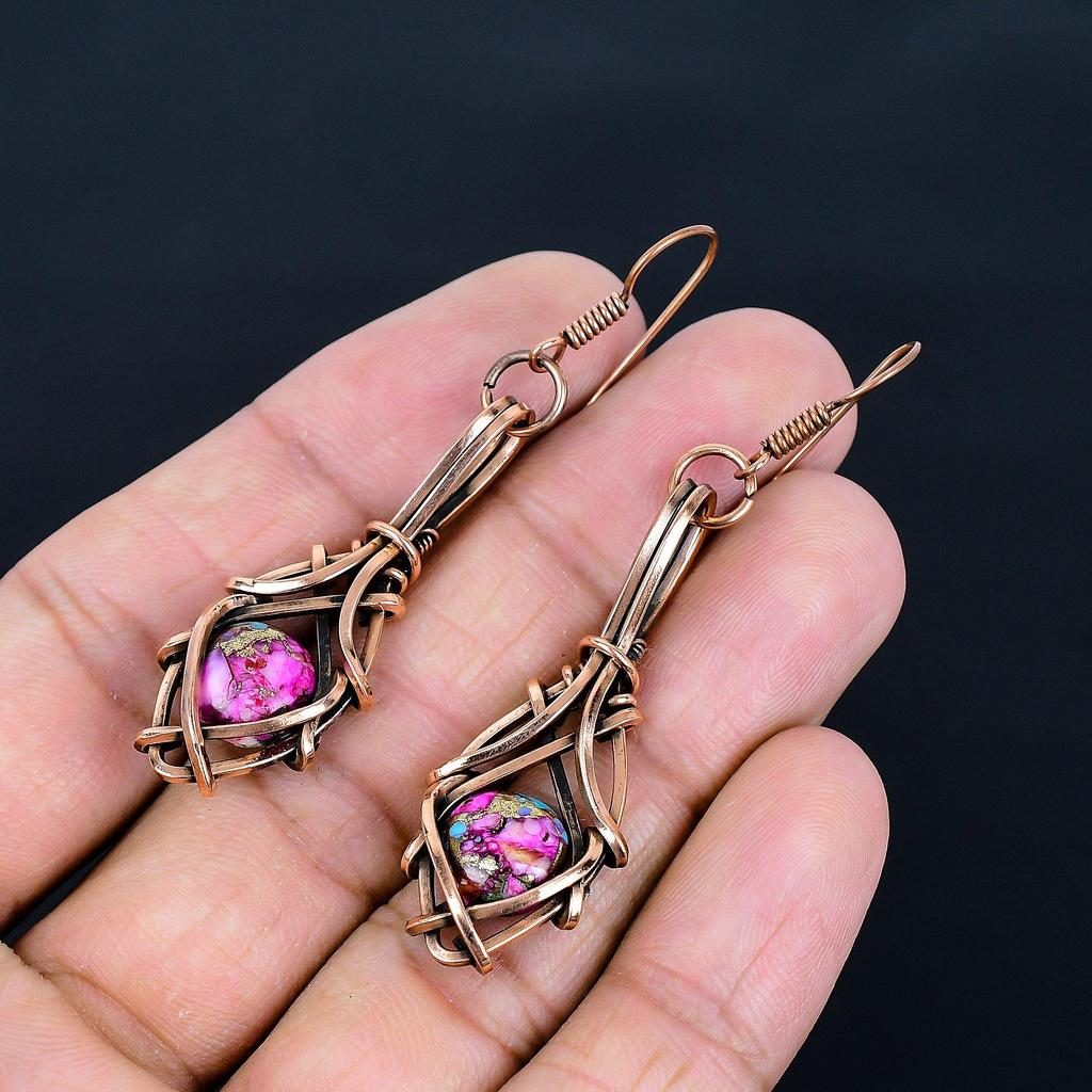 Pink Spiny Oyster 999 Copper Wire Wrapped Earrings, Handmade Gemstone Jewelry Earrings, For Memorial Day
