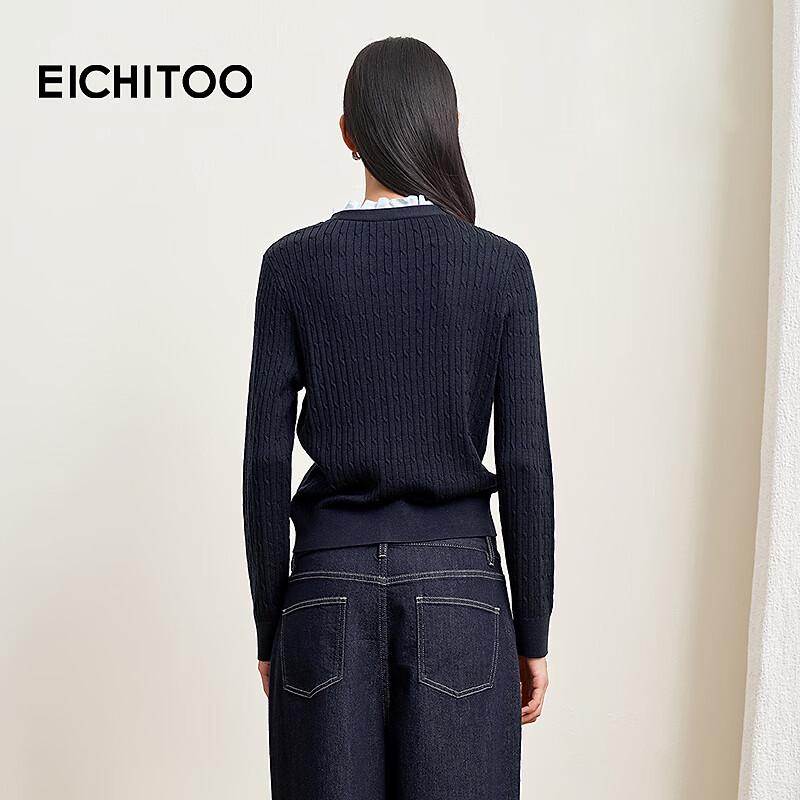 EICHITOO Women's Wool Blend Navy Ruffle V-Neck Sweater