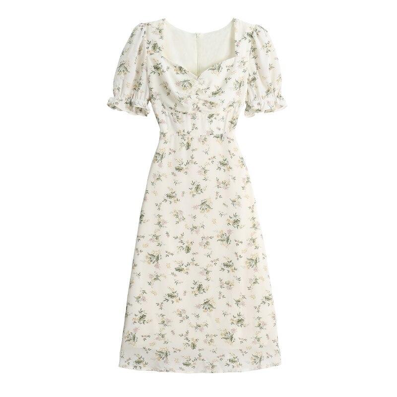 Mote fransk blomsterkjole for kvinner Chiffon søt kortermet sommerkjole Festantrekk Bodycon Lang kjole Robe 25395